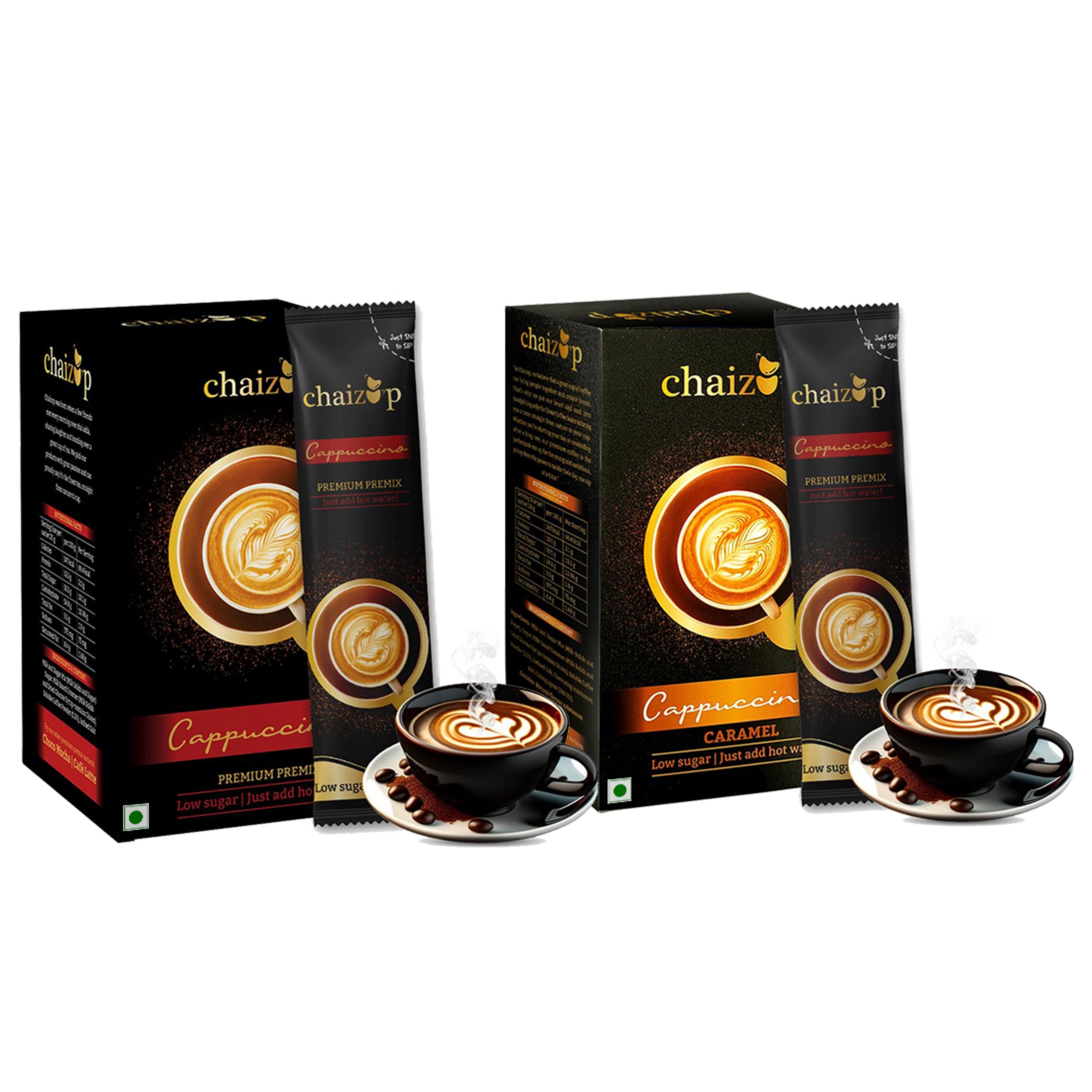 Chaizup Premium 1 Min Instant Assorted Coffee Pack - 12 Sachets | Cappuccino & Caramel Flavours | 12 Servings | 2 Packs (6 Sachets Each) | 240g